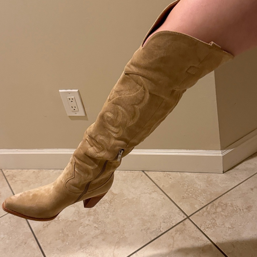 Isnom Tan Faux Suede Over the Knee-High Boots - Picture 13 of 13